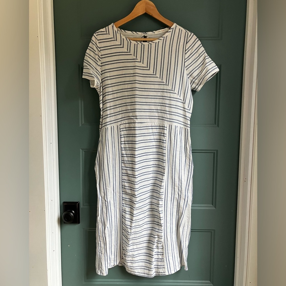 Rayon & Linen Blend Striped White and Blue midi Dress with pockets spring summer